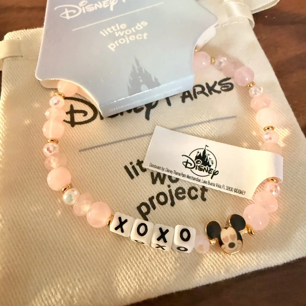 Disney Parks XOXO Pink and Gold Beaded Stretch Bracelet Mickey Charm